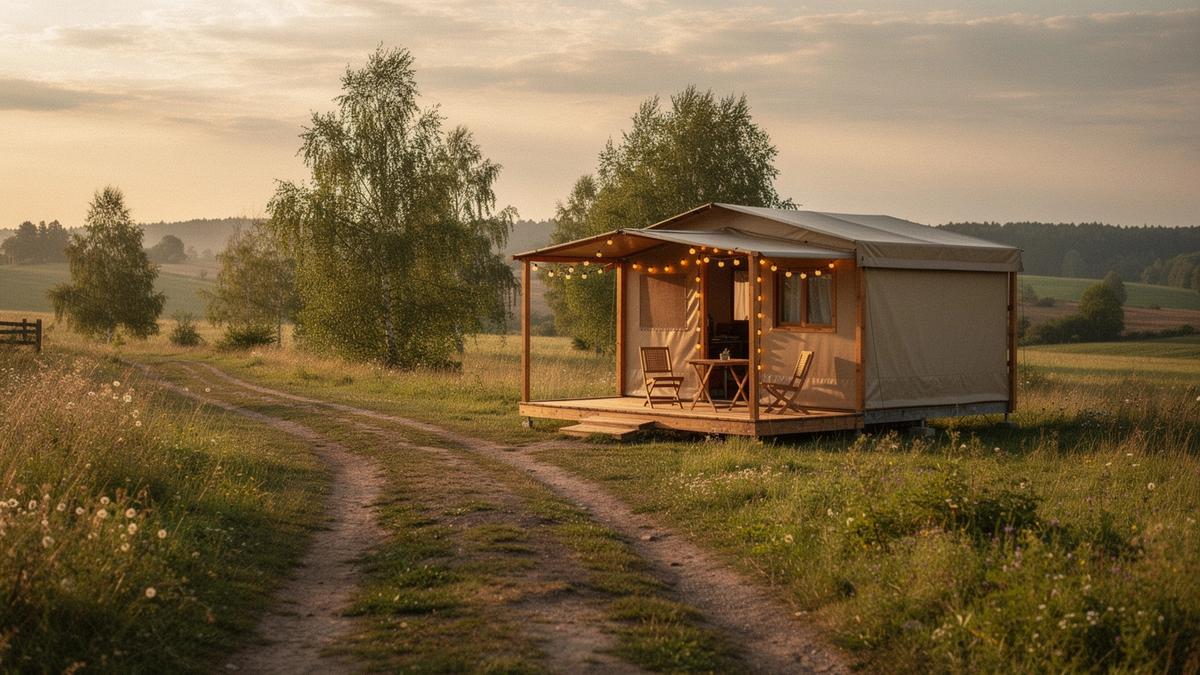 A cozy glamping setup in the Ukrainian countryside at golden hour